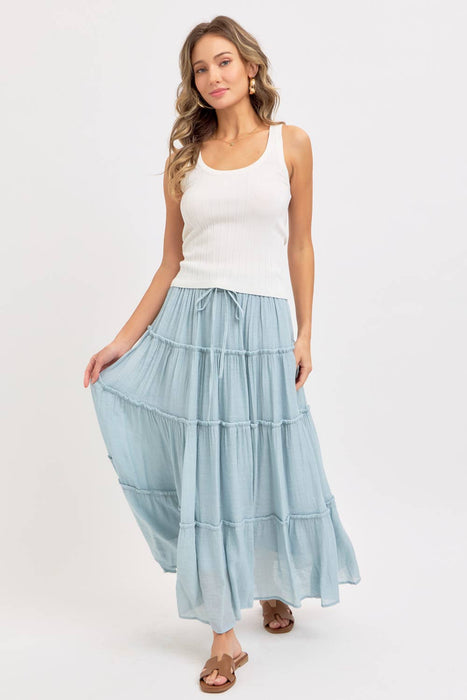 Olive Flowy Tiered Maxi Skirt