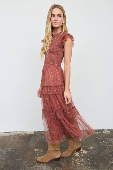Smocked Ruffle Tiered Floral Midi Dress