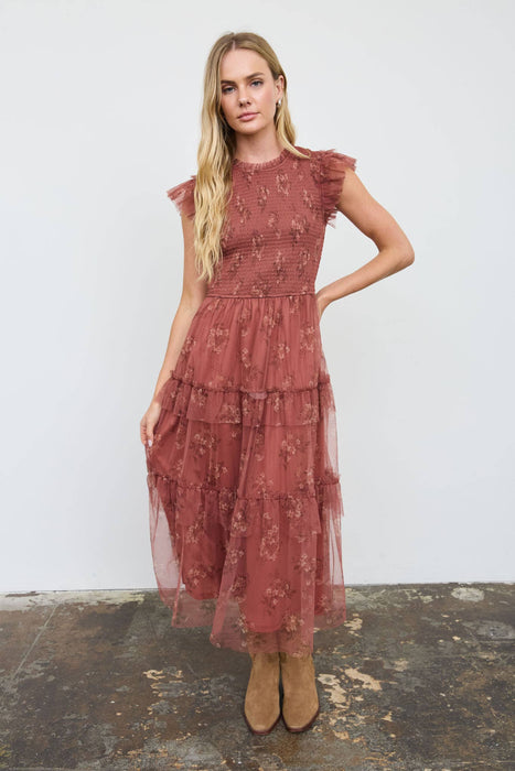 Smocked Ruffle Tiered Floral Midi Dress
