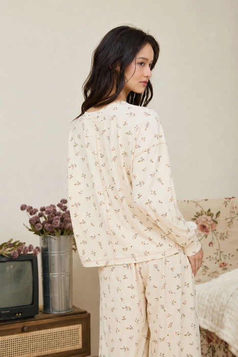 Ditsy Floral Boxy Henley Long Sleeve Top