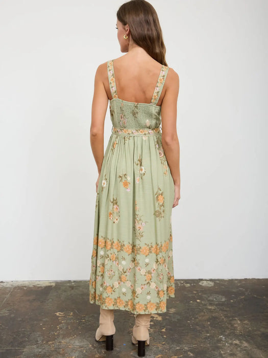 Olive Floral Border Pattern Belt Strap Midi Dress