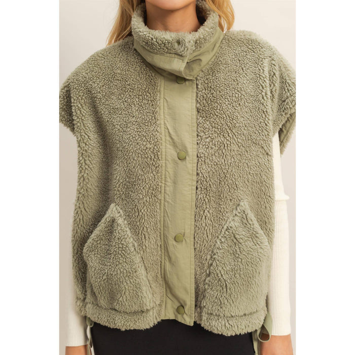 Soft Olive Cozy Sherpa Vest Jacket with Tie-Up Side Details