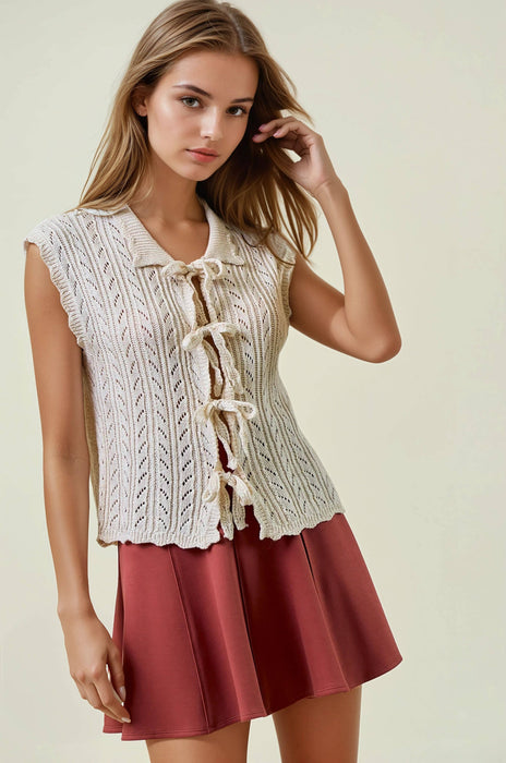 Tie Front Collared Fine Knit Top