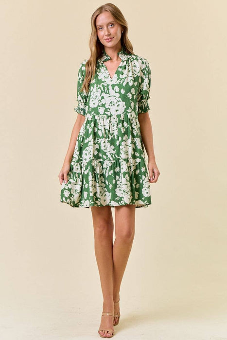 Green Floral Print Split V-Neck Puff Short Sleeve Dress