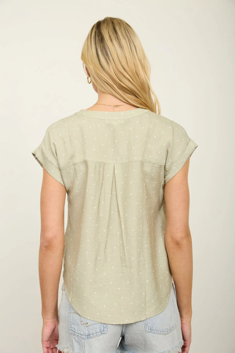 Light Olive Polka Dot Lace Trim Half Button Short Sleeve Top