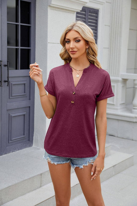Burgundy Button V-Neck Top | S-2XL Plus