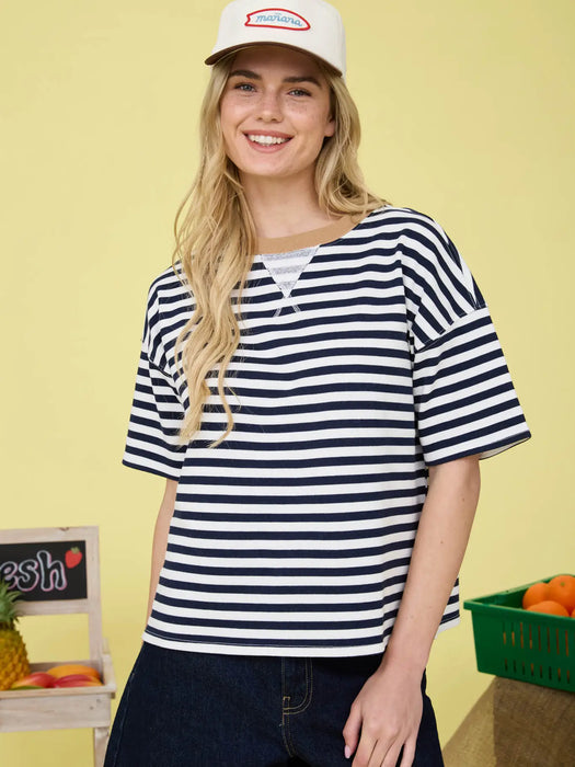 Navy Stripe Colorblock Detail Short Sleeve Knit T-Shirt