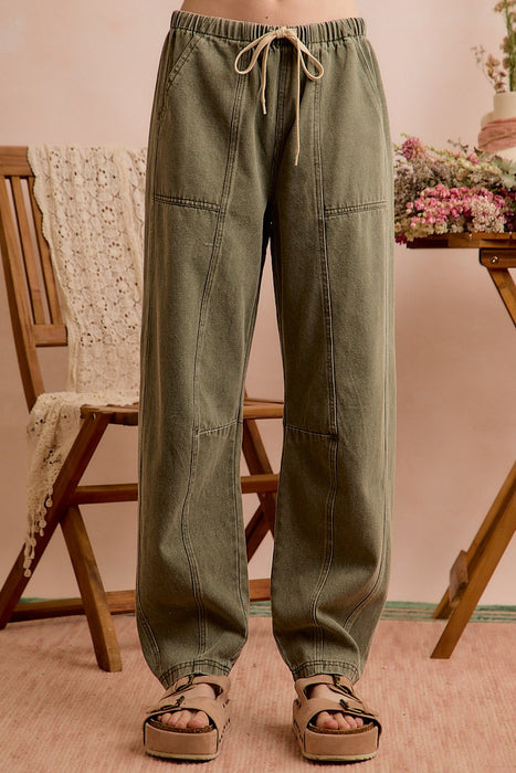 Olive Mid Rise Waist Drawstring Barrel Jeans Pants