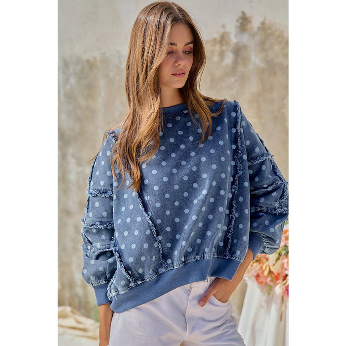 Denim Polka Dot  Frayed Edge Detail Top
