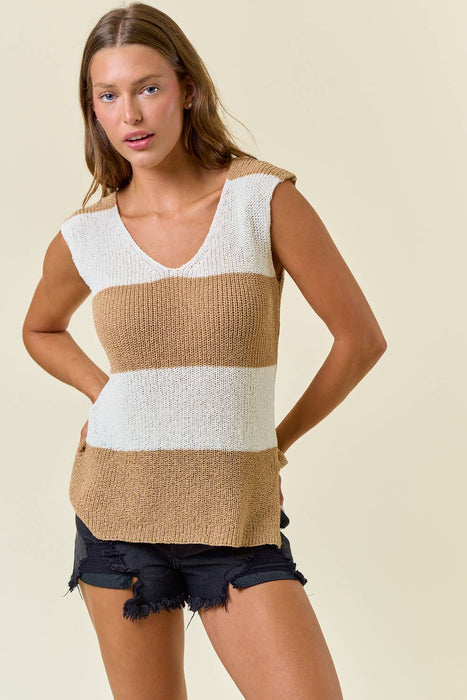 Scoop Neck Wide Striped Sweater Tank w/ Side Slit