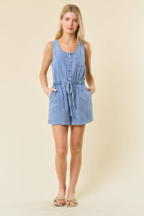 Sleeveless Henley Denim Romper
