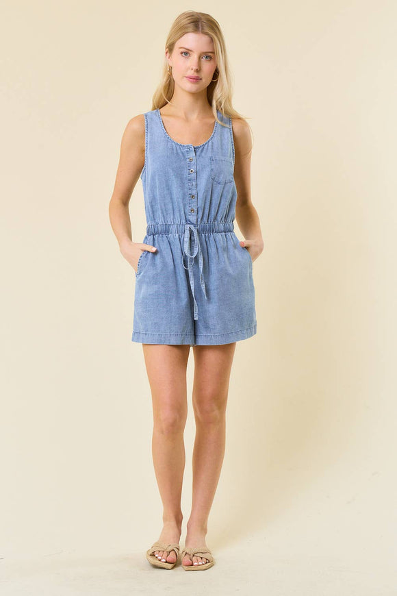 Sleeveless Henley Denim Romper