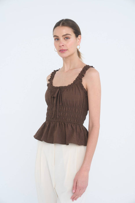 Brown Ruffled Front Tie Shirred Waist Tank Top