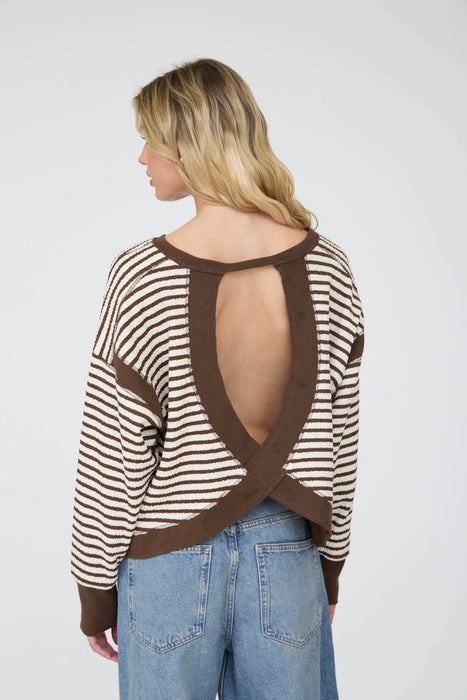 Mocha Stripe Contrast Trim Back Cut-Out Detail Knit Top