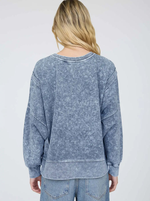 Blue Acid Wash Long Sleeve Side Slit Knit Top