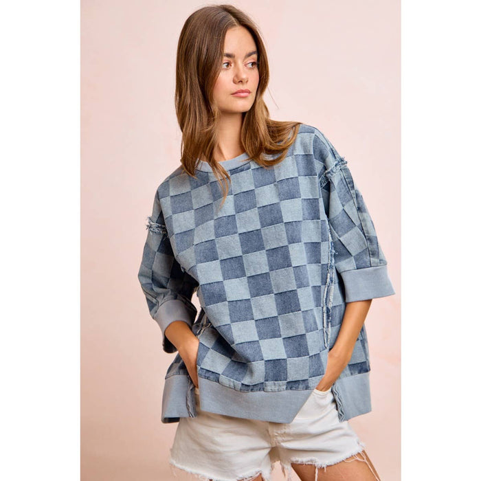 Denim Washed Checkered Short Sleeve Top
