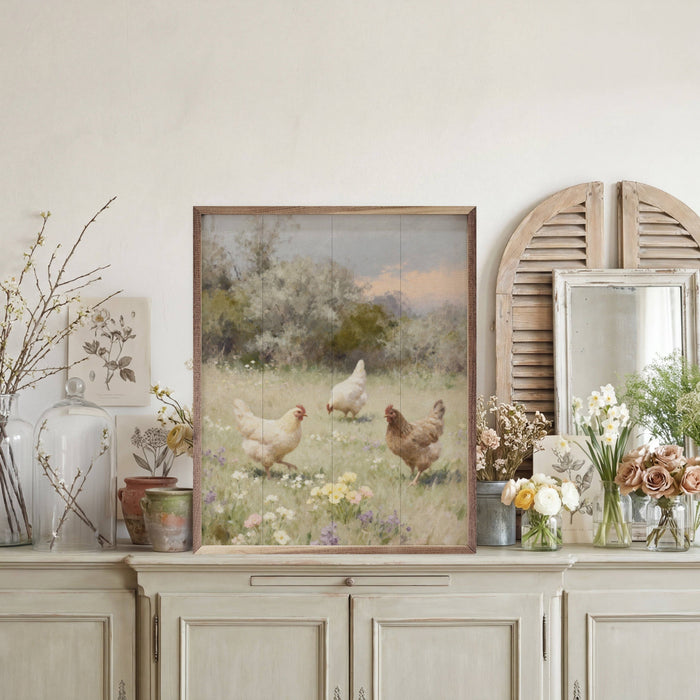 Chickens Playing In Pasture One Framed Wall Art