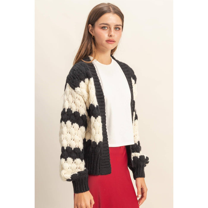 Black & Cream Oversized Cloud Pattern Knit Cardigan