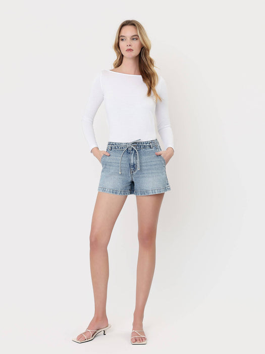 High Rise Waist Tie Denim Shorts