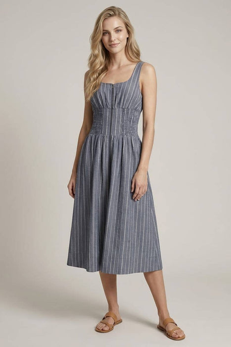 Scoop Neck Waist Zip-Front Lined Midi Dress