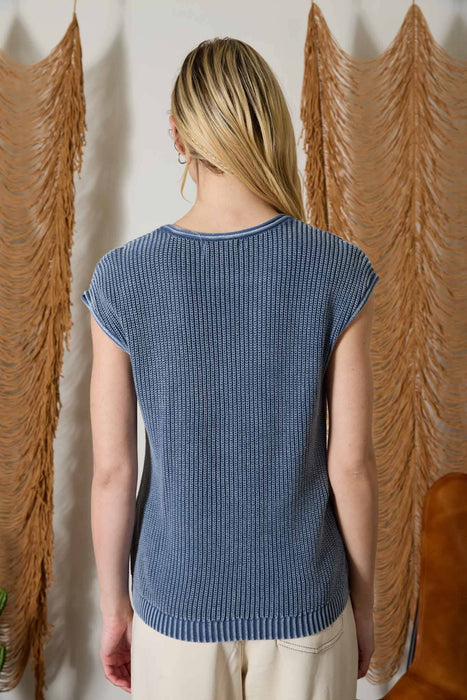 Indigo Raw Edge Short Sleeve Henley Sweater Knit Top