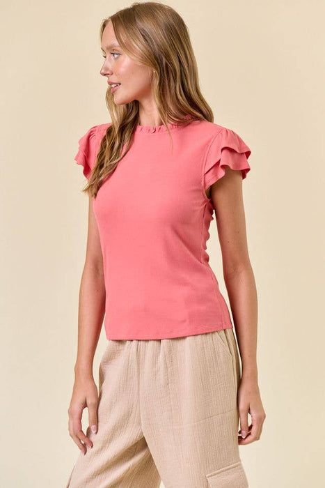 Soft Rib Ruffled Neck Butterfly Cap Sleeve Top - Coral