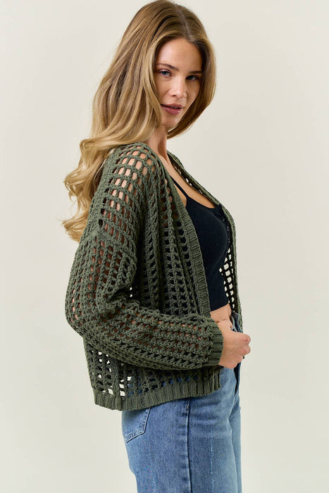 Crochet Fishnet Cropped Open Cardigan  - OLIVE