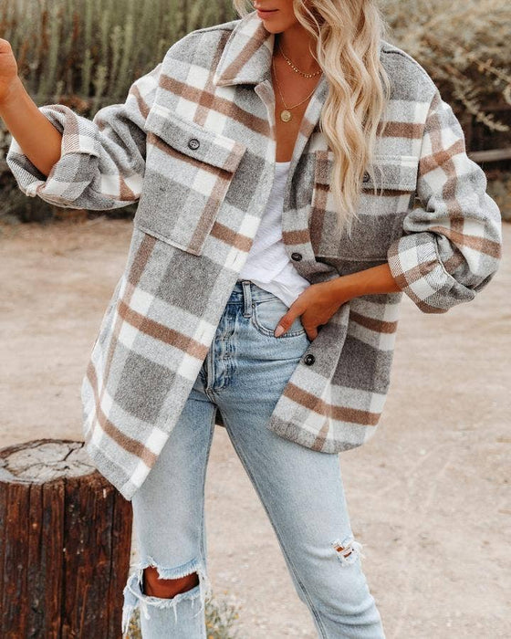 Light Gray Women's Plaid Button Flannel Shacket