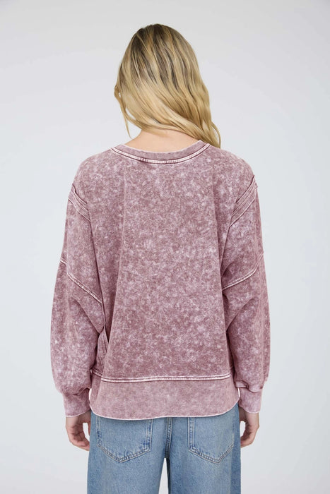 Maroon Acid Wash Long Sleeve Side Slit Knit Top