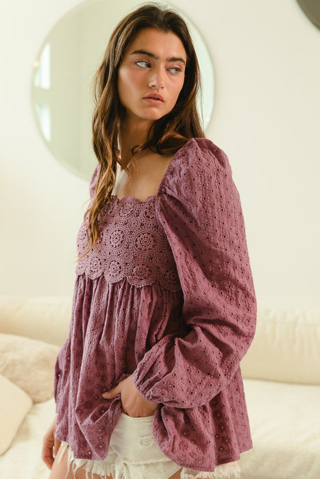 Violet Eyelet With Crochet Knit Square Neck Top
