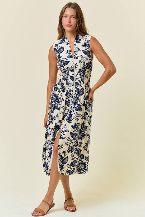 Navy & Ivory Paisley Smocked Waist Zip Front Midi Dress