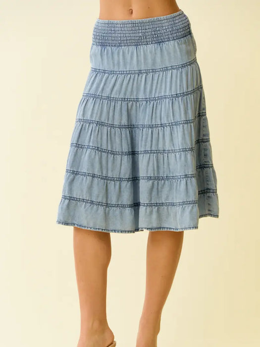 Tencel Chambray Tiered Shirring Midi Skirt