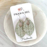 Sage Green and White Chevron Leather Teardrop Earrings