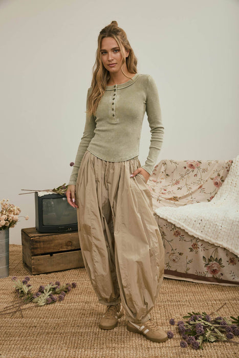 Light Olive Washed Long Sleeve Ribbed Henley Top