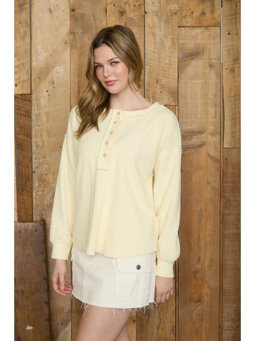 Butter Yellow Ribbed Henley Long Sleeve Exposed Seam Knit Top