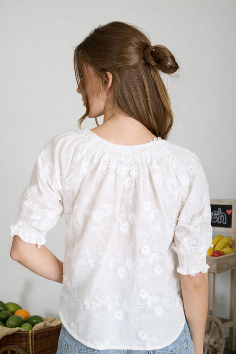 White Embroidered 3D Floral Off the Shoulder Blouse