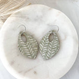 Sage Green and White Chevron Leather Teardrop Earrings