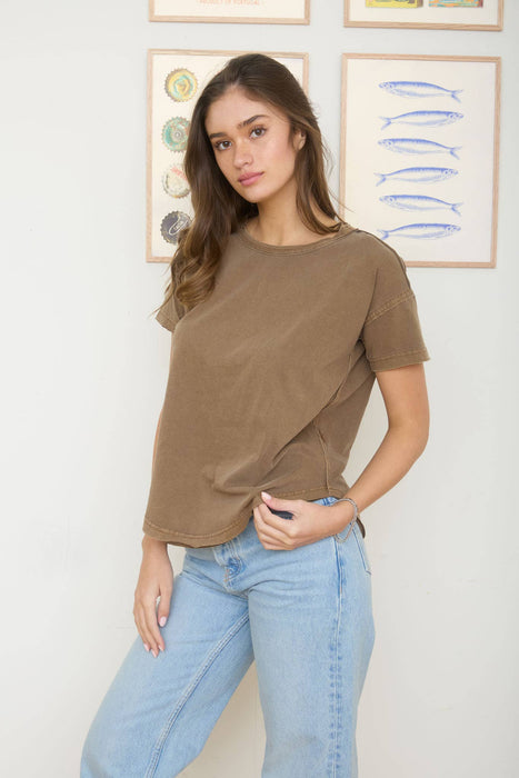 Brown Short Sleeve Exposed Seam Top