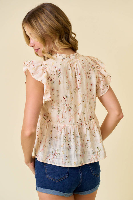 Cream Floral Printed Ruffle Sleeve Top