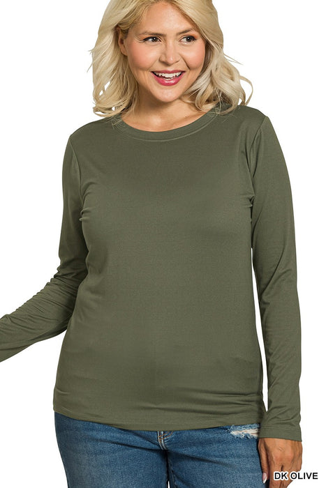Dark Olive Brushed Microfiber Long Sleeve Round Neck Tee PLUS