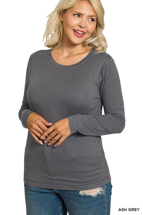 Gray Brushed Microfiber Long Sleeve Round Neck Tee PLUS