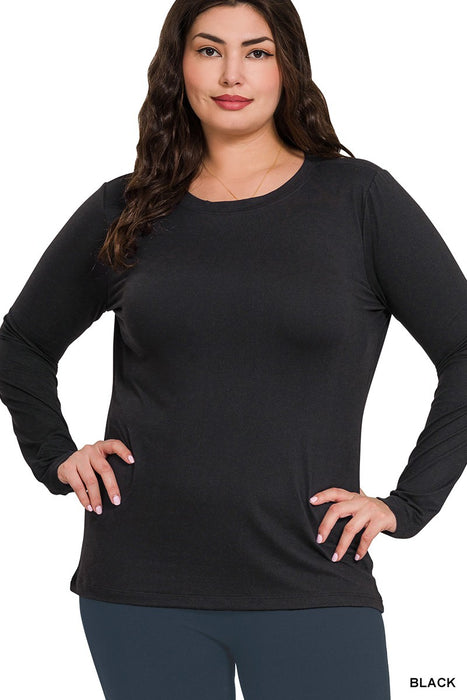 Black Brushed Microfiber Long Sleeve Round Neck Tee PLUS