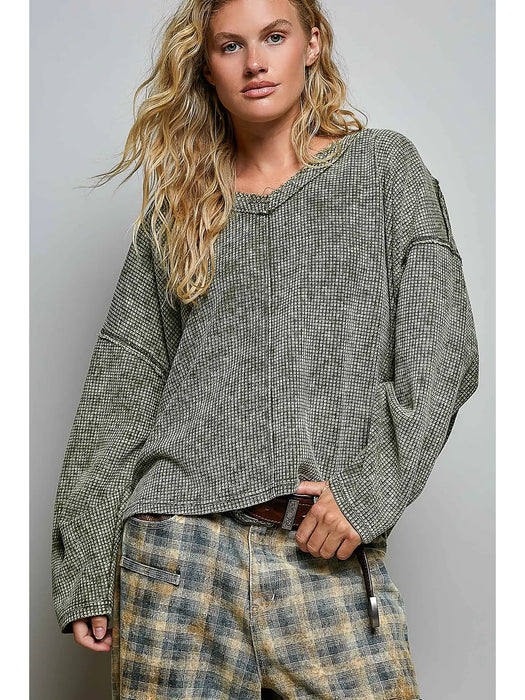 Olive Vintage Thermal Micro-Check Waffle Knit Solid Top