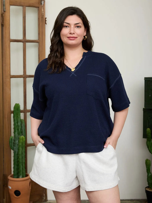 Plus Ribbed Split Neck Short Sleeve Boxy Knit Top