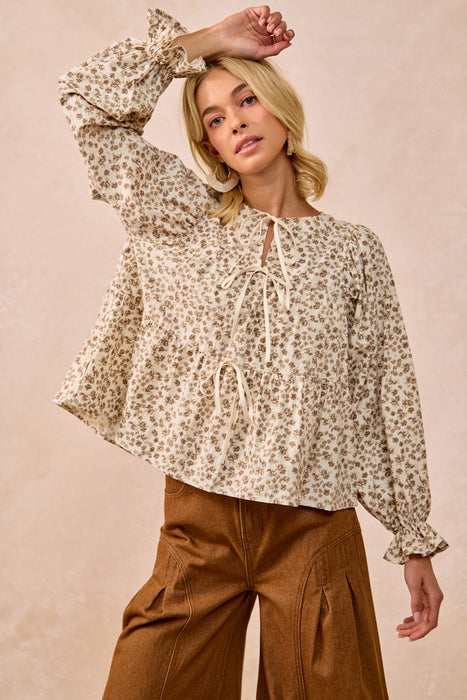 Floral Printed Peplum Top With Shirring And Tied