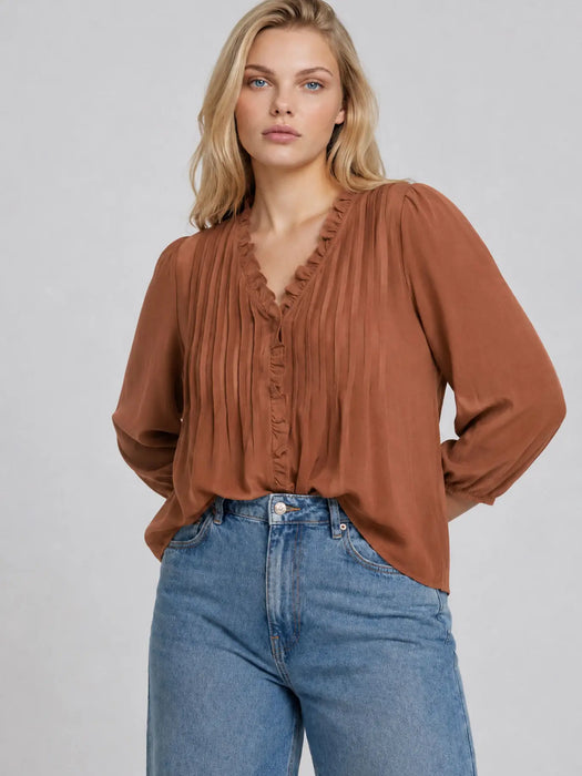 PLUS 3/4 Sleeve Ruffle Trim Pintuck Detail Blouse