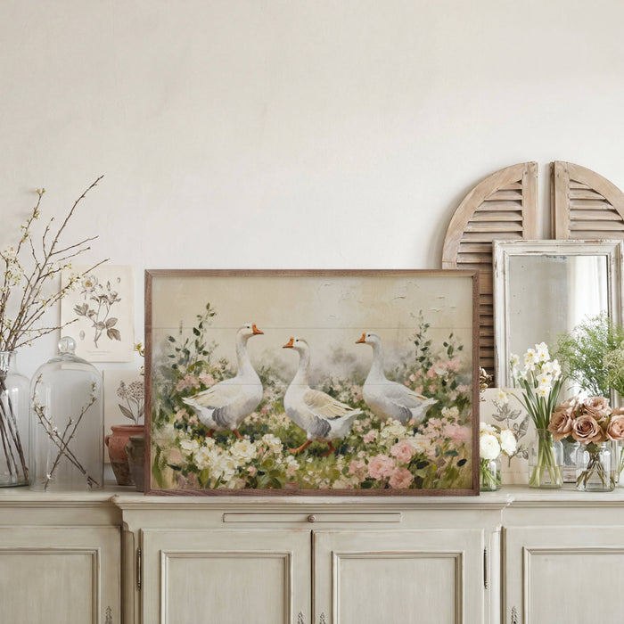 White Geese In Flowers Framed Wall Art