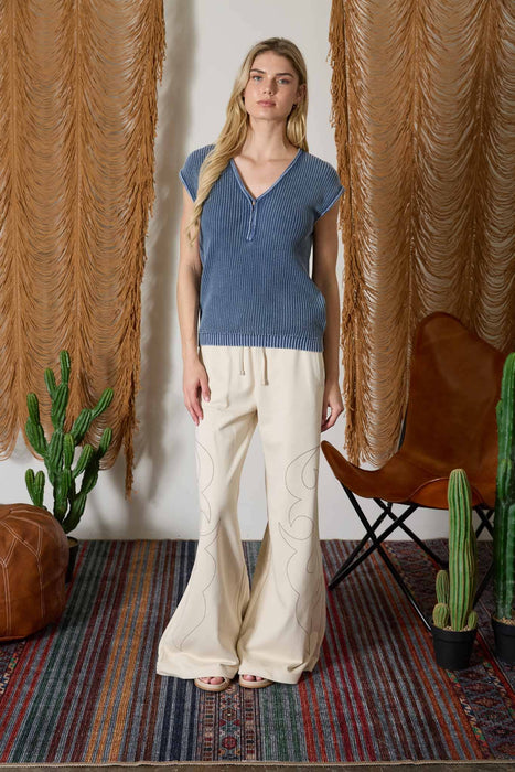 Indigo Raw Edge Short Sleeve Henley Sweater Knit Top