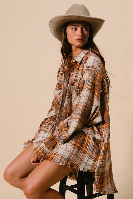 Checked Woven Frayed Dege Detail Shacket