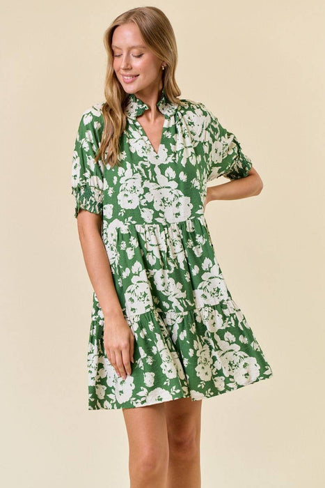 Green Floral Print Split V-Neck Puff Short Sleeve Dress